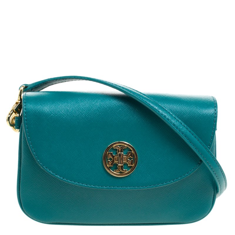 Tory Burch Turquoise Leather Double Gusset Crossbody Flap Bag Tory ...