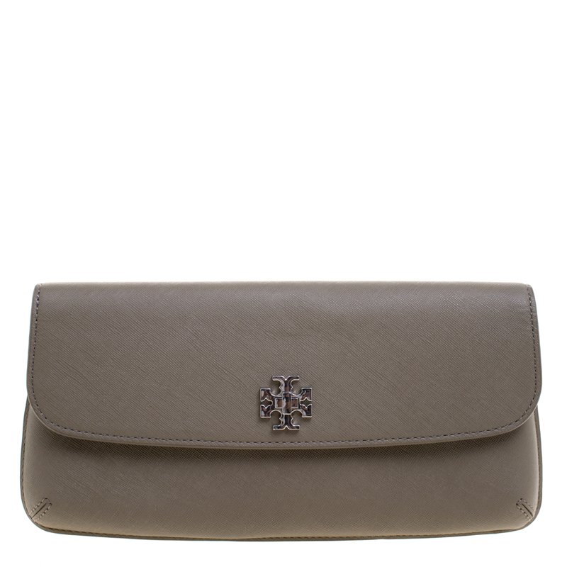 Pre Owned Tory Burch Fatigue Green Leather Slim Diana Flap Clutch
