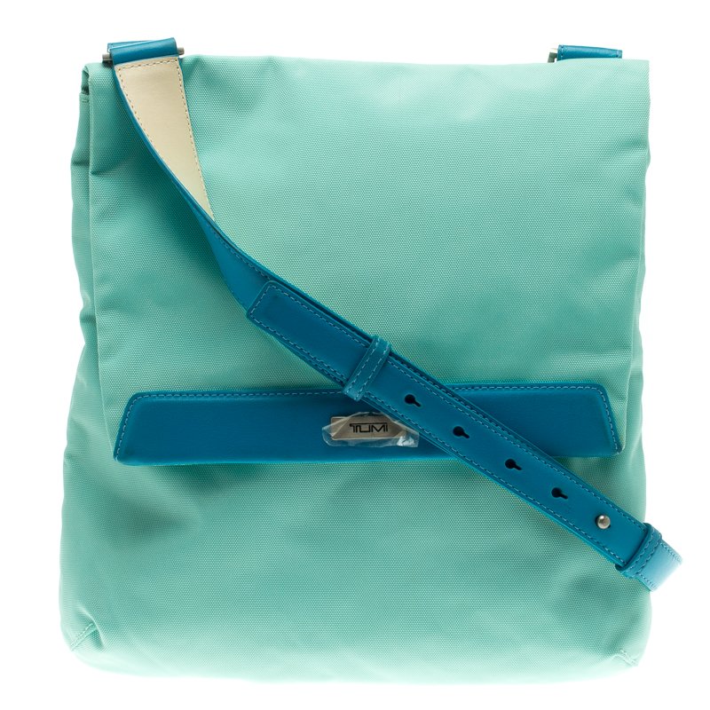 Pre Owned Tumi Mint Blue Nylon Crossbody Flap Bag