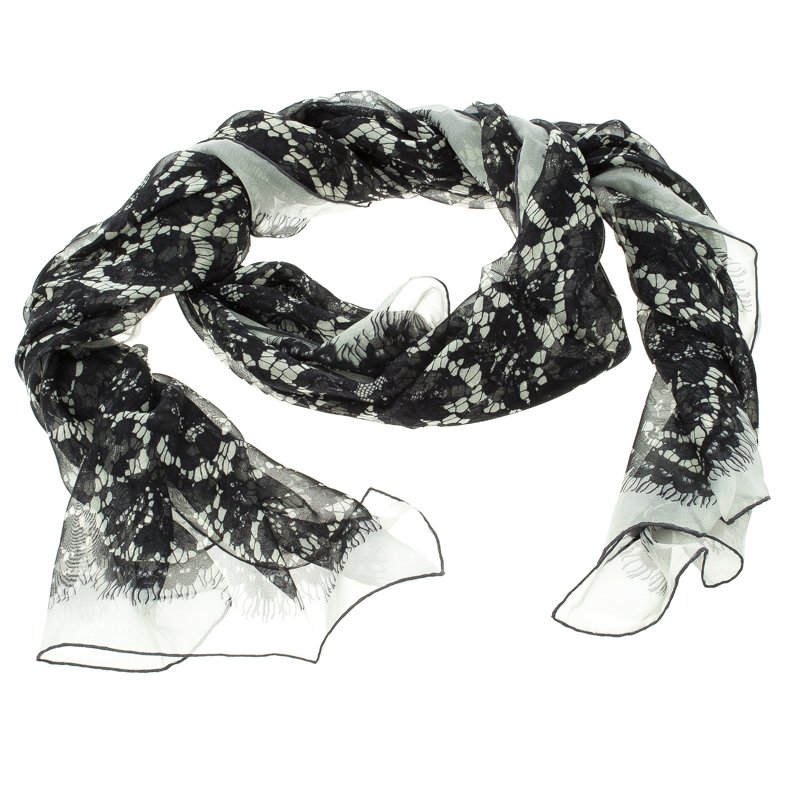 Pre Owned وشاح فالنتينو حرير مونوكرومي طباعة دانتيل مورد