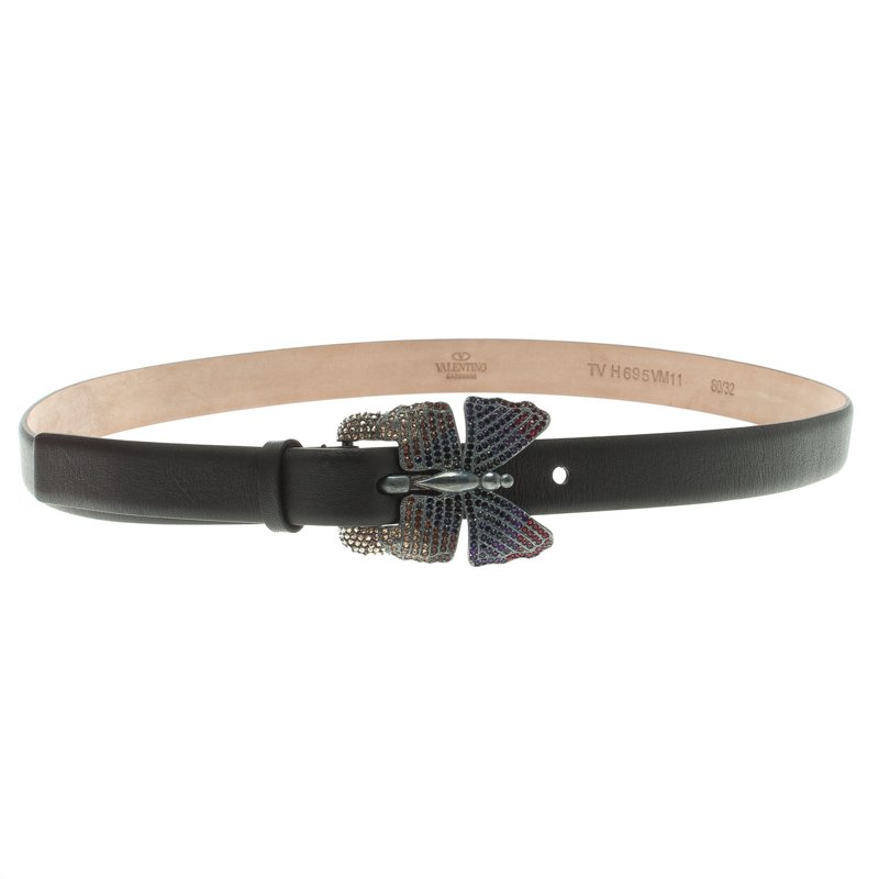 Valentino Black Leather Crystal Embellished Butterfly Buckle Belt 80 CM
