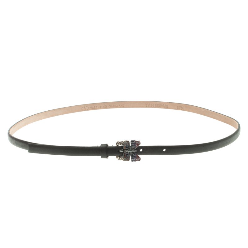 Pre Owned حز ام سكيني فالنتينو جلد أسود إبزيم فراشة مزخرفة كريستال 85 سم