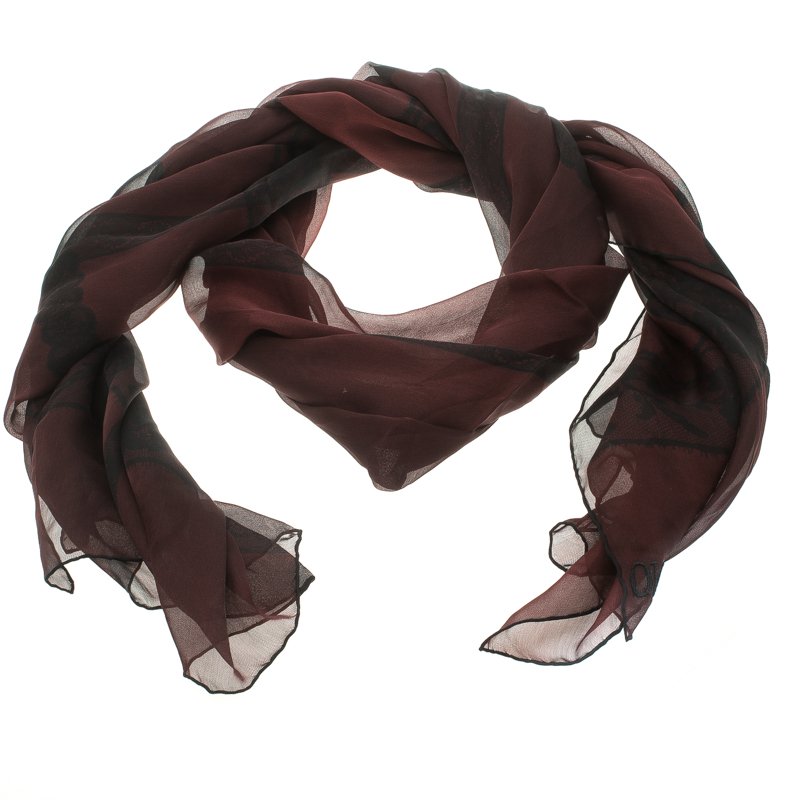 Pre Owned Valentino Burgundy Floral Lace Print Silk Stole 