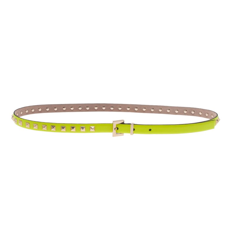Pre Owned Valentino Neon Yellow Rockstud Skinny Belt 85 CM 