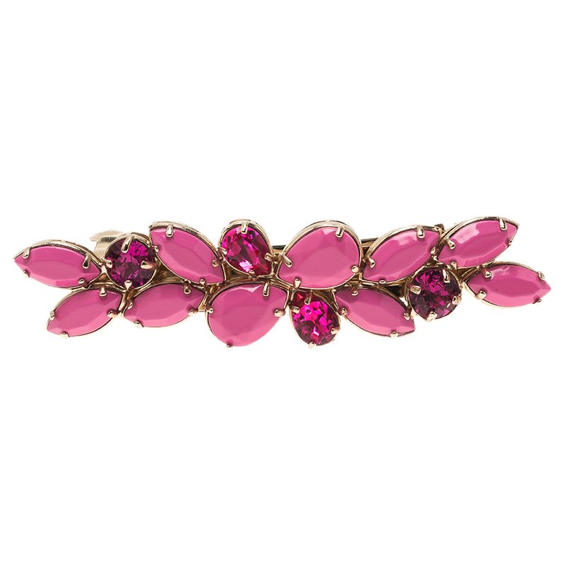 Pre Owned Valentino Fluo Flower Pink Crystal Gold Tone Hair Clip