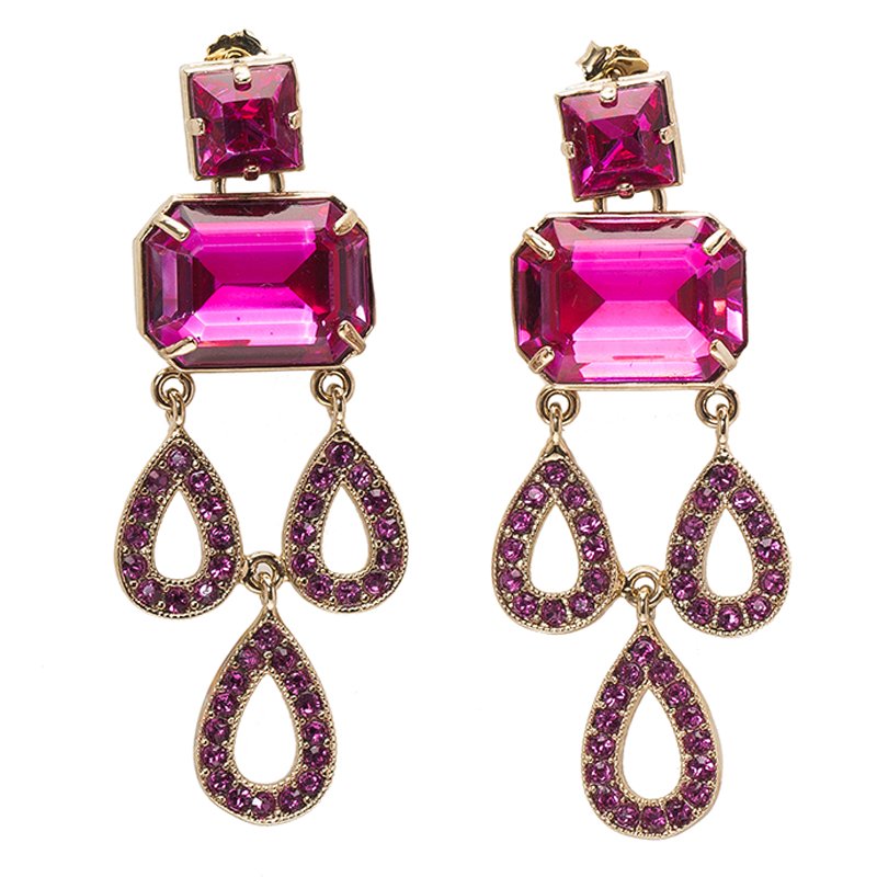 Pre Owned أقراط فالنتينو ذهبية مرصعة كريستال وردي طويلة متدلية بمسمار