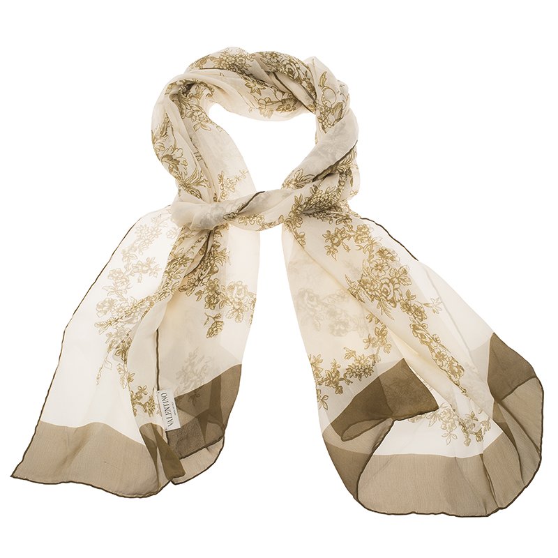 Pre Owned Valentino Cream and Green Floral Print Silk Stole