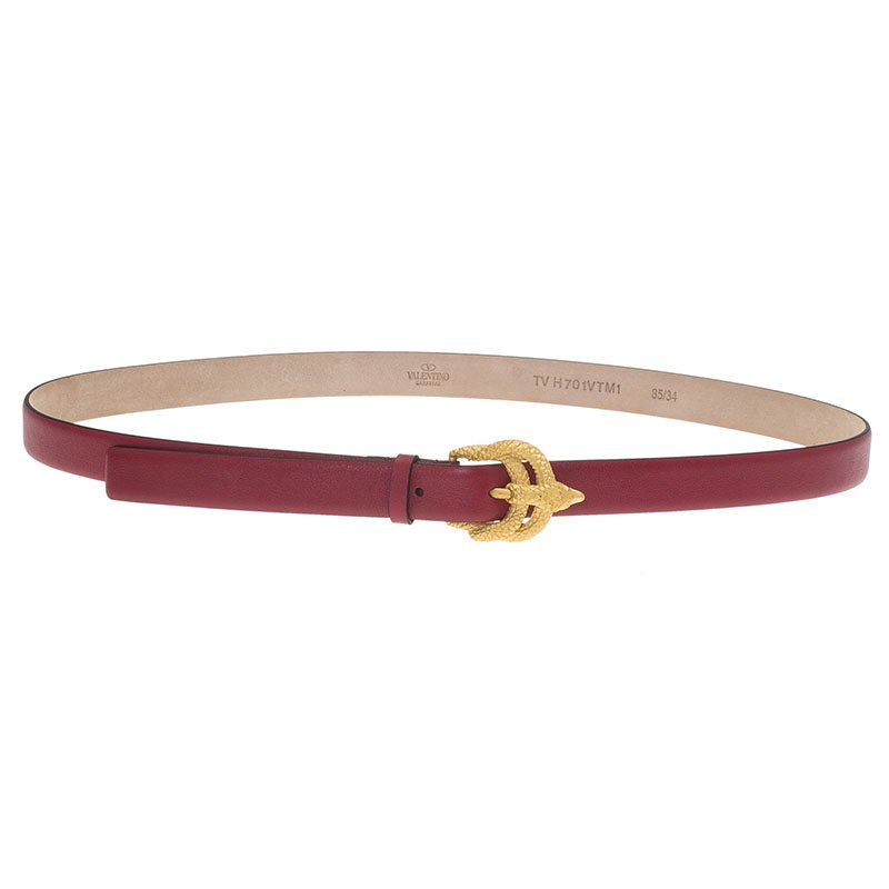 Pre Owned Valentino Maroon Leather Phoenix Buckle Belt 85 CM