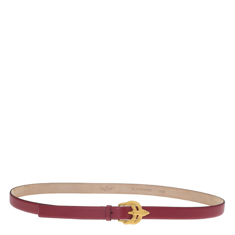 Pre Owned Valentino Maroon Leather Phoenix Buckle Belt 90 CM