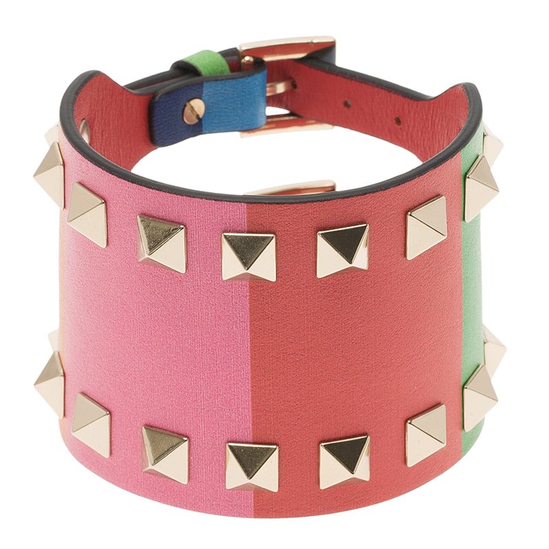Pre Owned Valentino Rockstud Rainbow Leather Gold Tone Bracelet