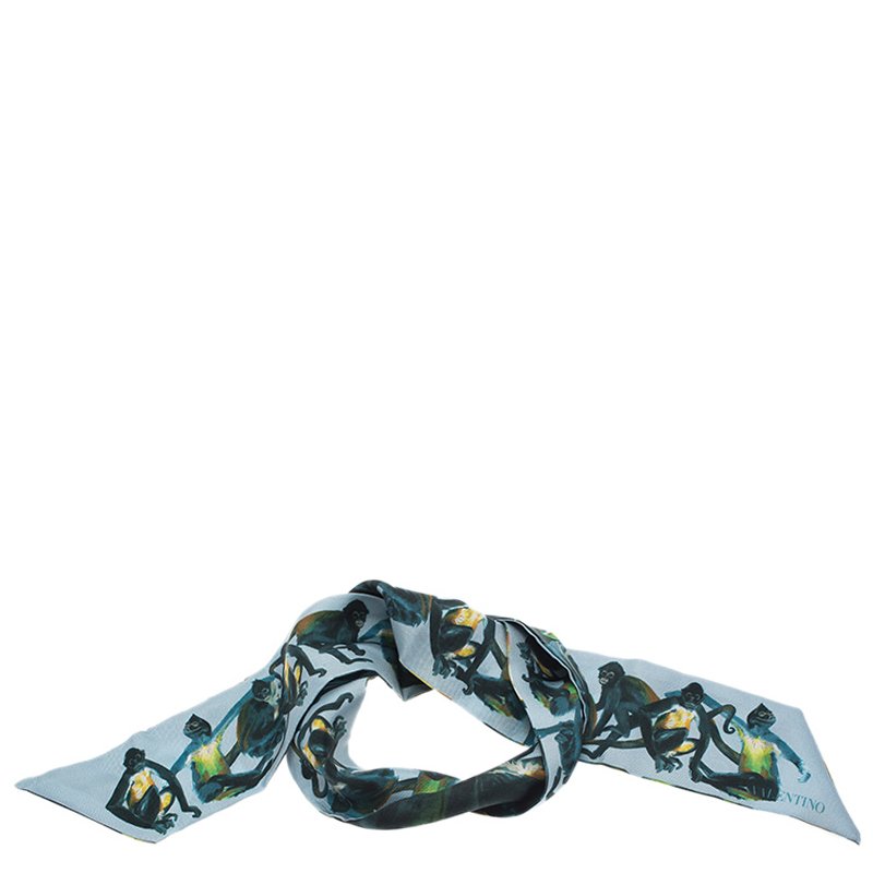 Pre Owned Valentino Light Blue Spider Monkey Printed Silk Neck Scarf
