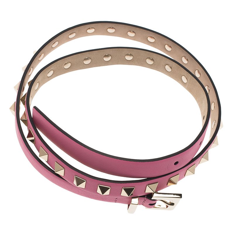 Pre Owned Valentino Pink Leather Studded Skinny Belt 75 CM