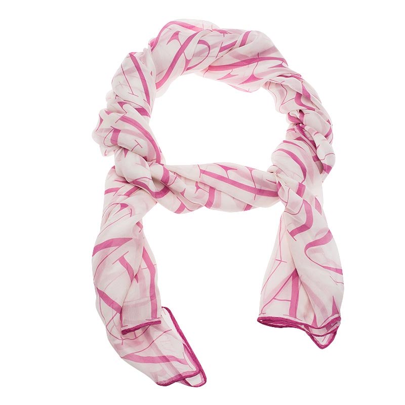 Pre Owned Valentino Signature White & Pink Printed Long Silk Scarf