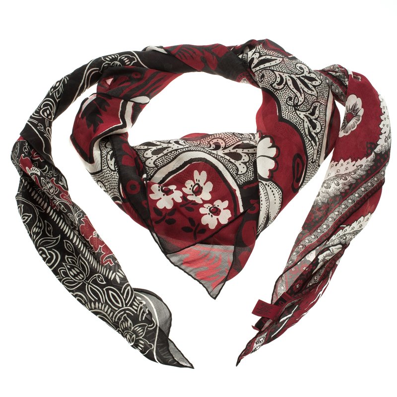 Pre Owned Valentino Black and Red Floral Printed Silk Square Stole