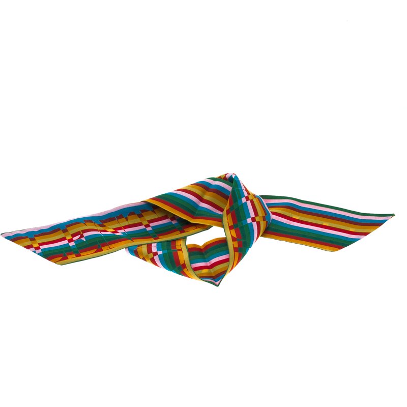 Pre Owned Valentino Multicolor Striped Logo Printed Silk Bandeau