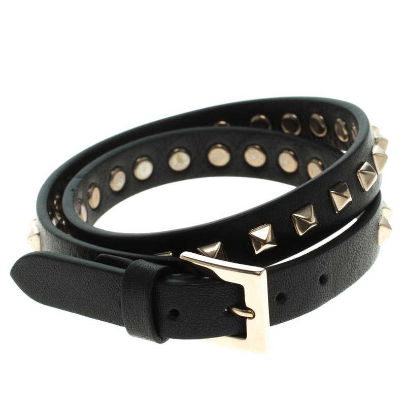 Valentino Gold Tone Rockstuds Black Leather Double Wrap Bracelet