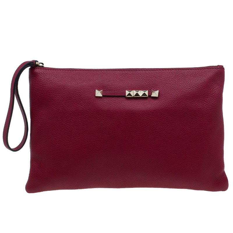 Valentino Red Pebbled Leather Flat Clutch