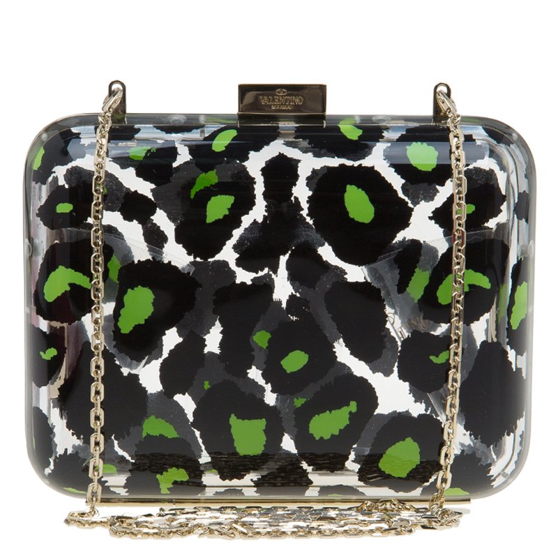 Pre Owned Valentino Leopard Print Plexiglass Chain Clutch