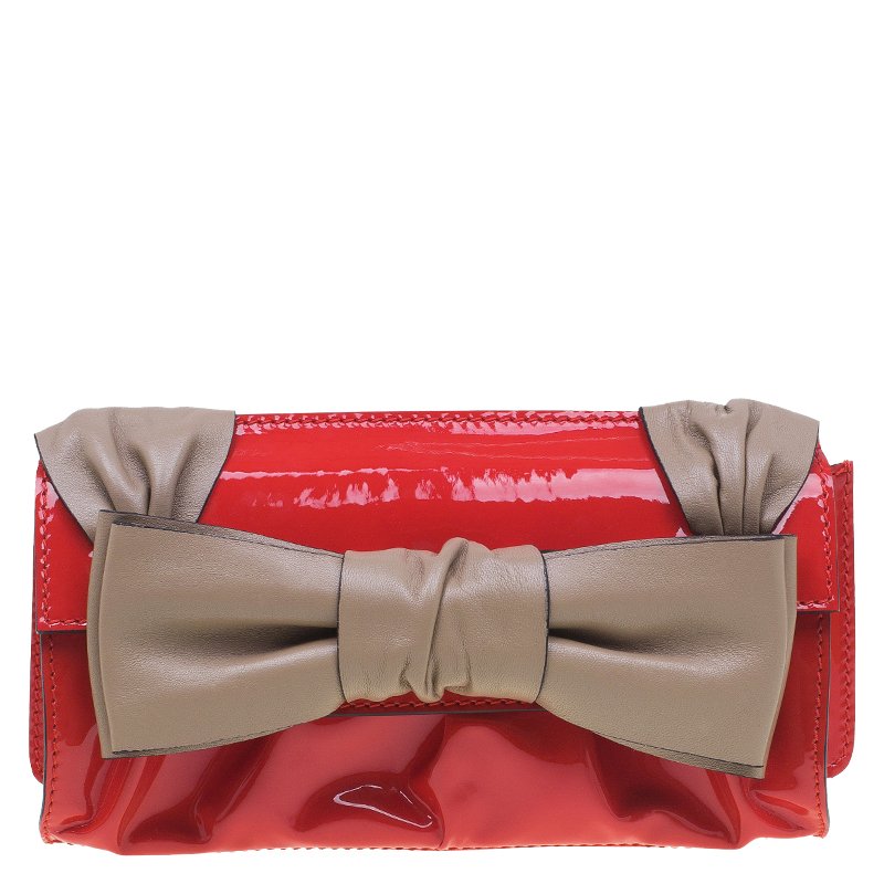 Valentino Red/Beige Patent Leather Aphrodite Bow Clutch