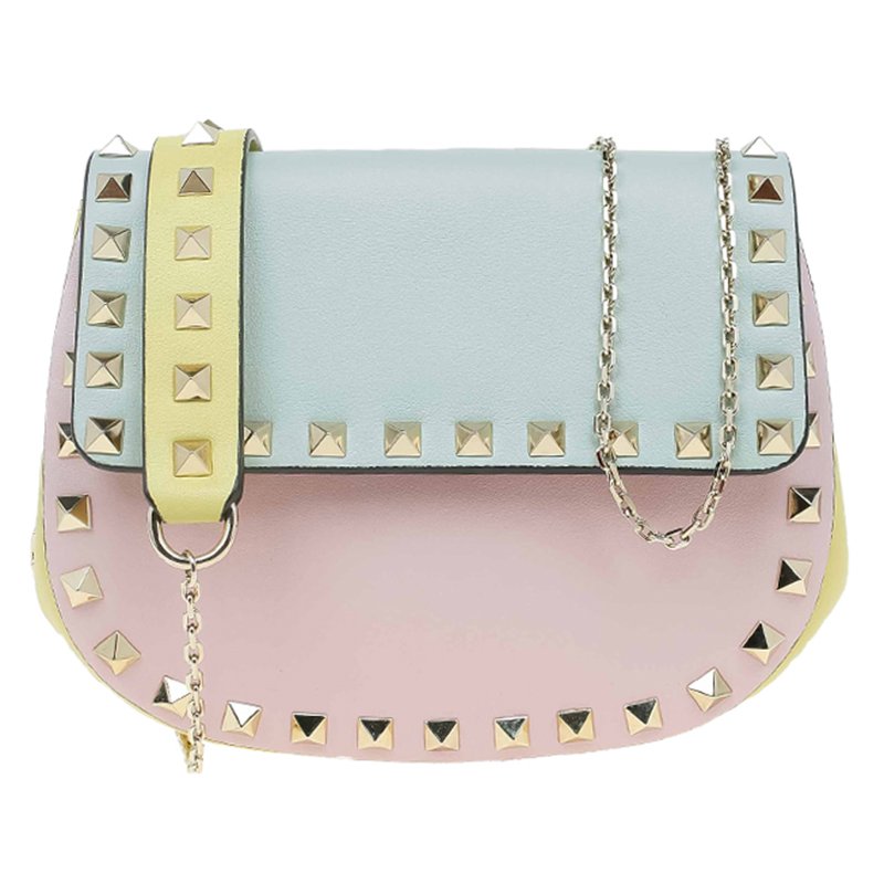 Pre Owned Valentino Tri Color Leather Rockstud Saddle Crossbody Bag