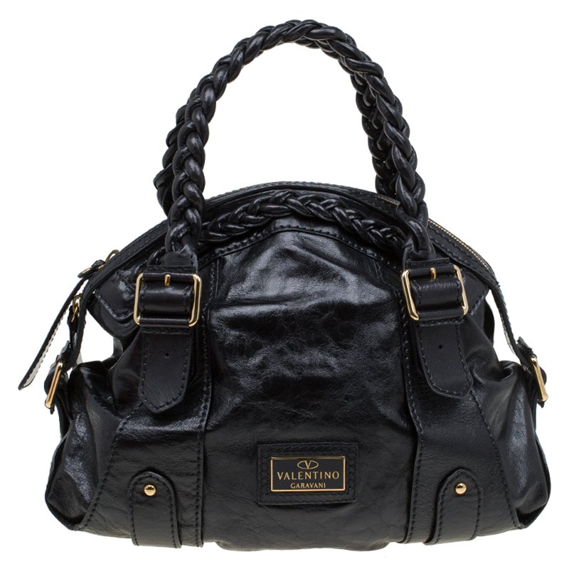 Pre Owned Valentino Black Glaze Leather Braided Handle Dome Satchel