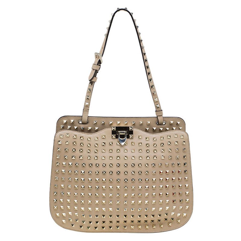 Pre Owned Valentino Beige Leather Full Studded Rockstud Shoulder Bag