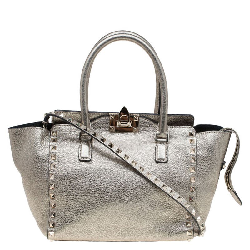 Pre Owned Valentino Metallic Grey Leather Small Rockstud Shopper Tote