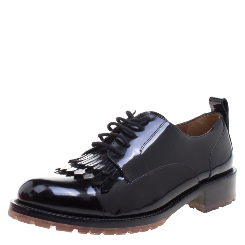 Pre Owned Valentino Black Leather Fringe Detail Derby Size 38