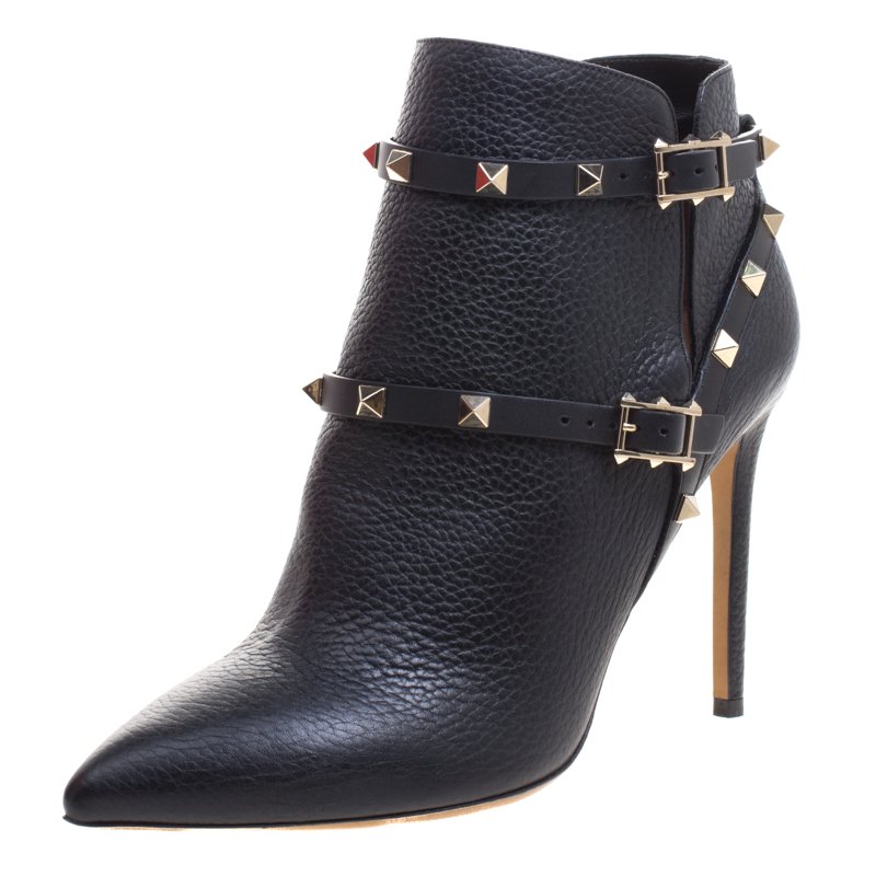 Valentino Black Leather Rockstud Pointed Toe Ankle Boots Size 40 ...