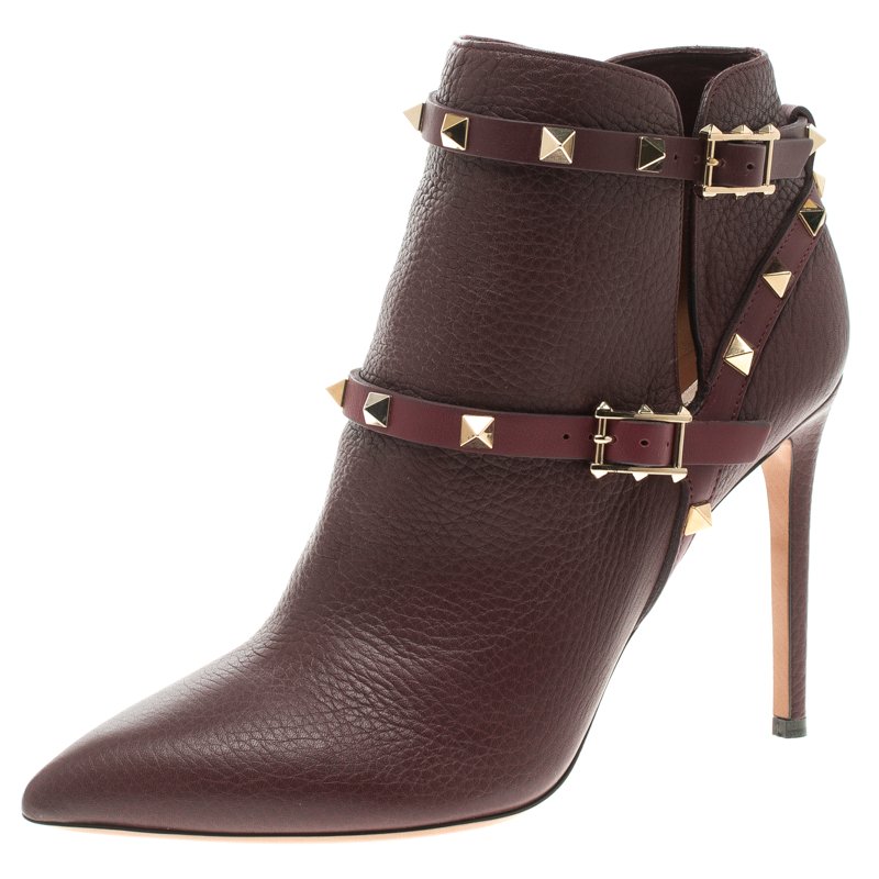 Pre Owned Valentino Burgundy Leather Rockstud Pointed Toe Ankle Boots Size 38