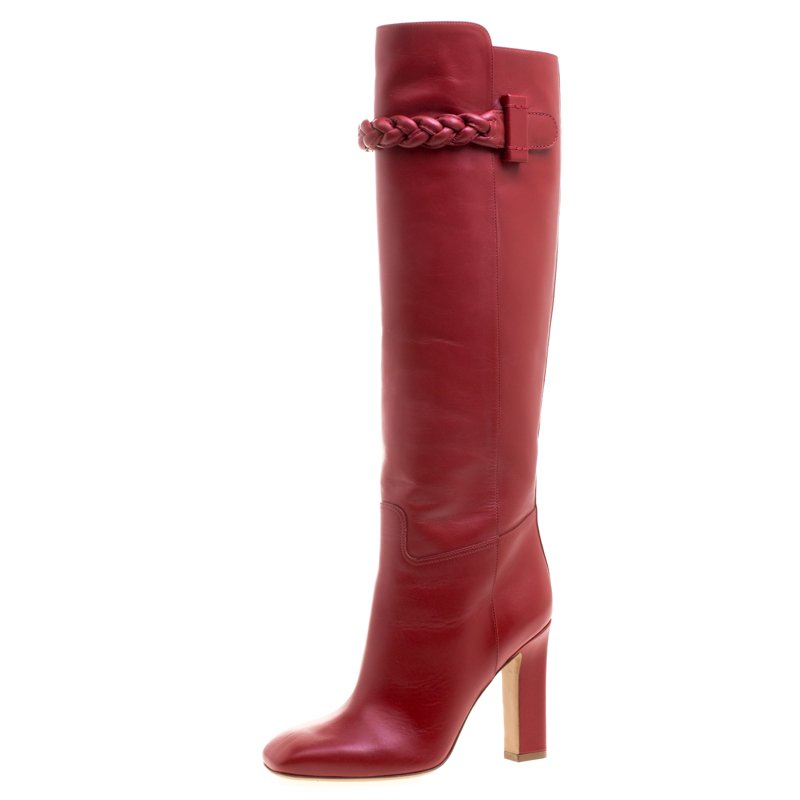 Valentino Red Leather Braided Applique Knee Boots Size 37