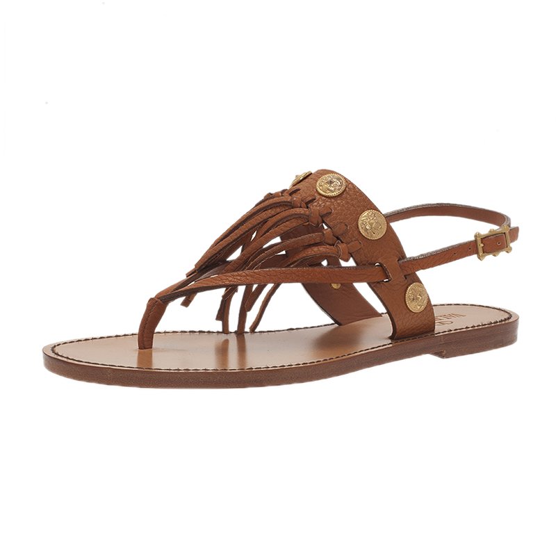 Valentino Brown Leather Fringed Coin Detail Thong Sandals Size 37