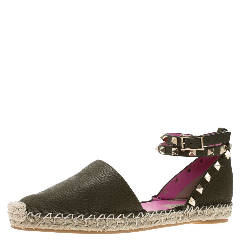 Pre Owned Valentino Green Leather Rockstud Espadrilles Size 37