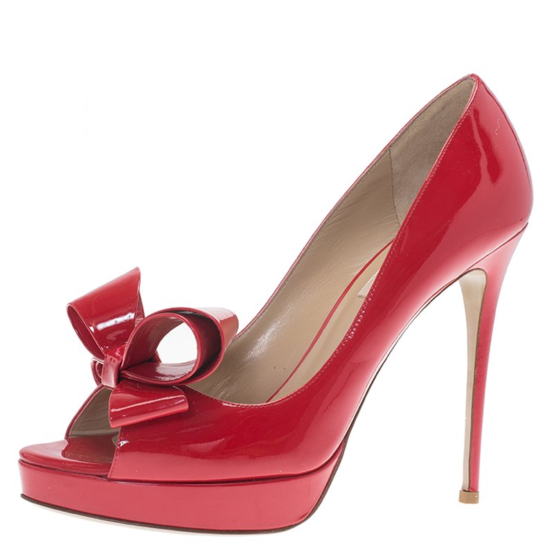Pre Owned Valentino Red Patent Couture Bow Peep Toe Platform Pumps Size 39.5