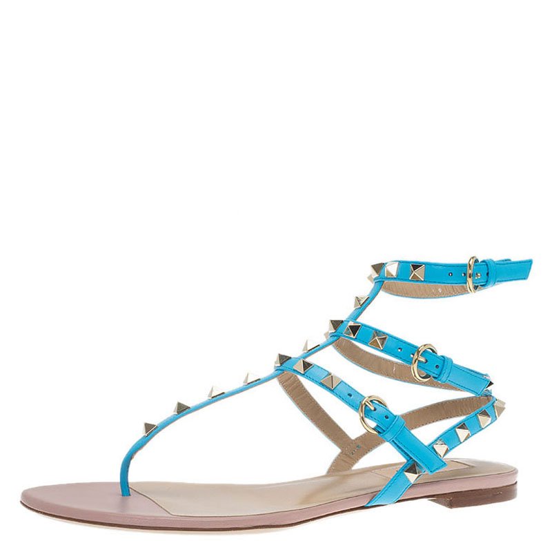Pre Owned Valentino Blue Leather Rockstud Thong Gladiator Sandals Size 39.5