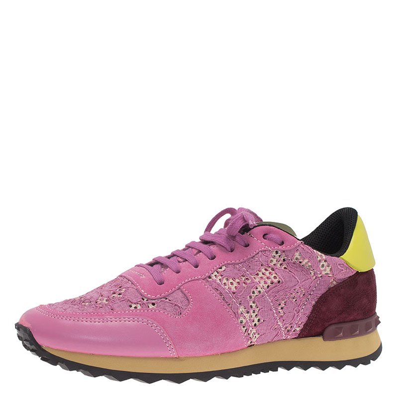 Pre Owned Valentino Pink Leather and Macramé Lace Sneakers Size 41