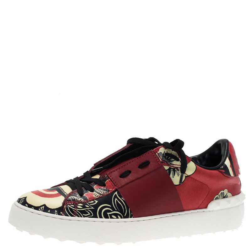 Pre Owned Valentino Red Printed Leather Open Sneakers Size 40
