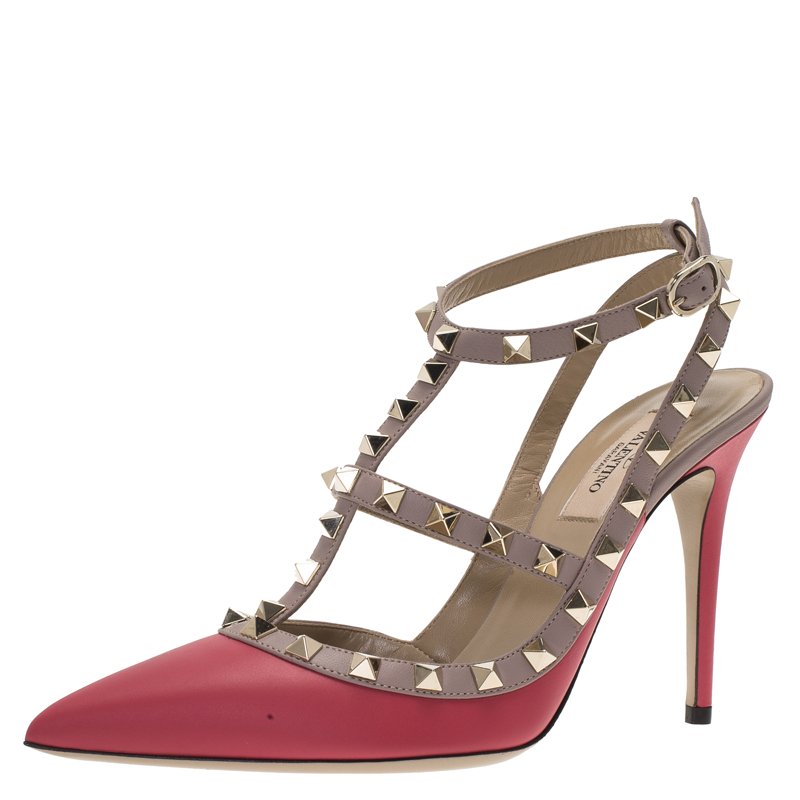 Valentino Red and Beige Leather Rockstud Sandals Size 39