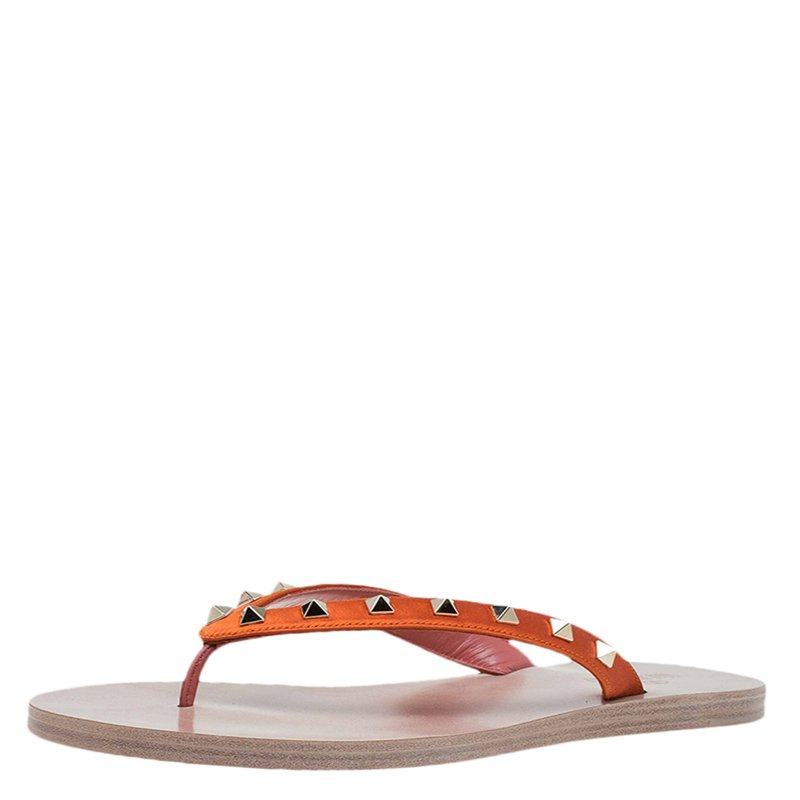 Pre Owned Valentino Orange Rockstud Satin Thong Sandals Size 41