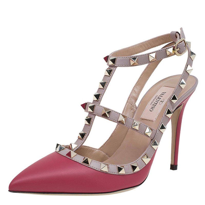 Pre Owned Valentino Red and Beige Leather Rockstud Sandals Size 36.5