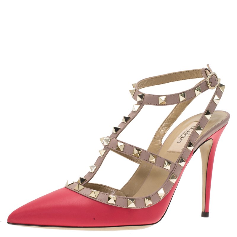 Pre Owned Valentino Red and Beige Leather Rockstud Sandals Size 40