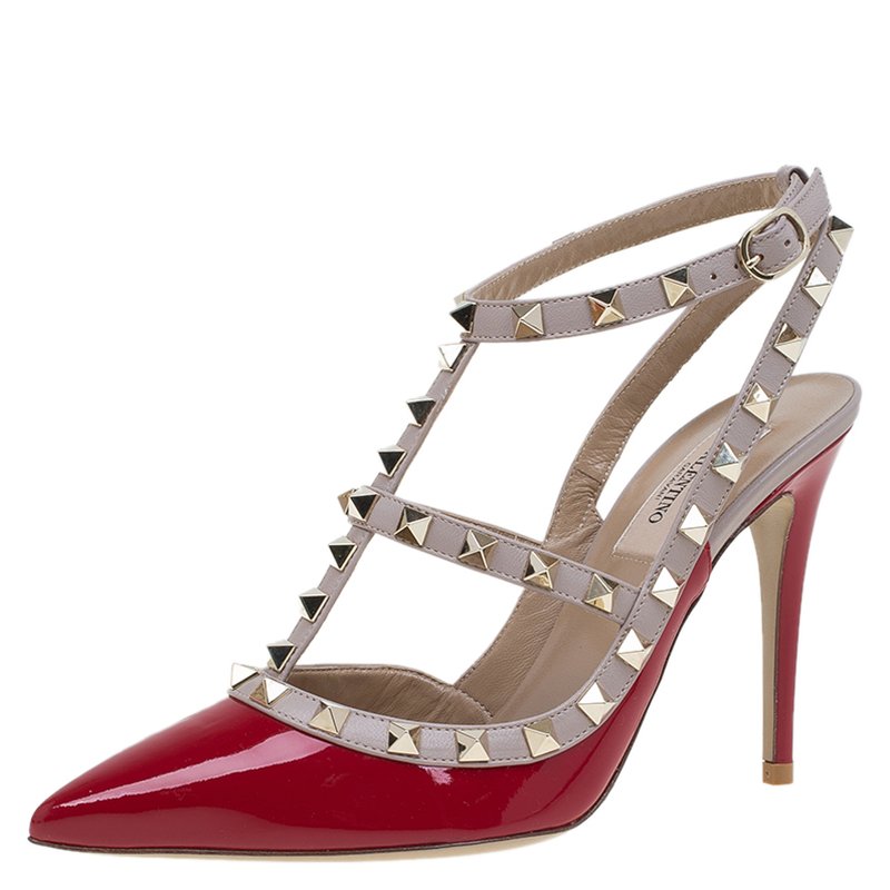 Pre Owned Valentino Red Patent and Beige Leather Rockstud Sandals Size 37.5
