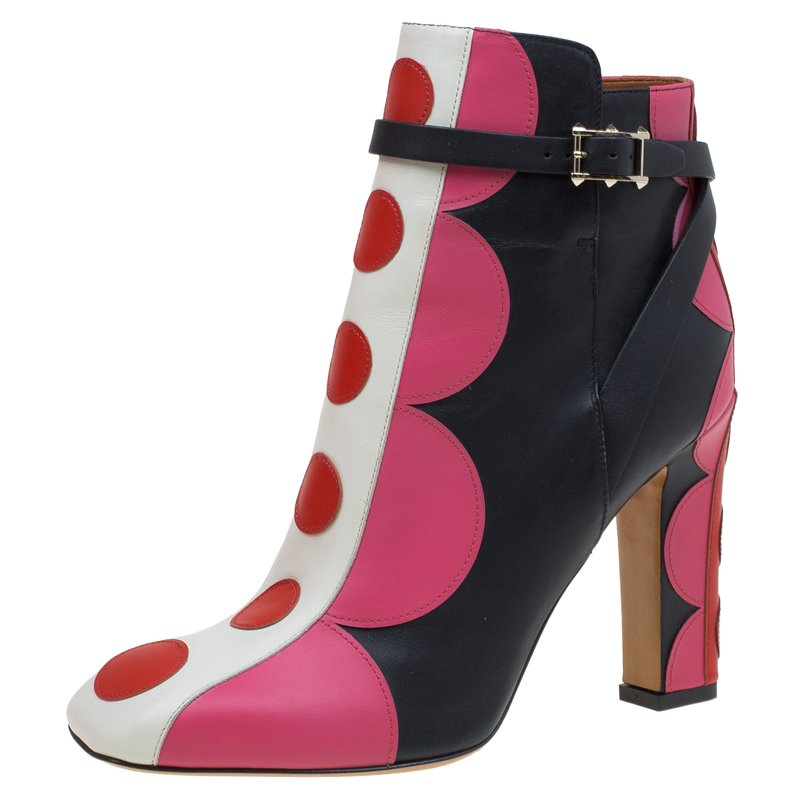 Pre Owned Valentino Multicolor Leather Polka Dot Ankle Boots Size 38.5