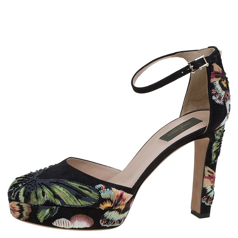 Pre Owned Valentino Black Camubutterfly Embroidered Suede Ankle Strap Platform Pumps Size 40