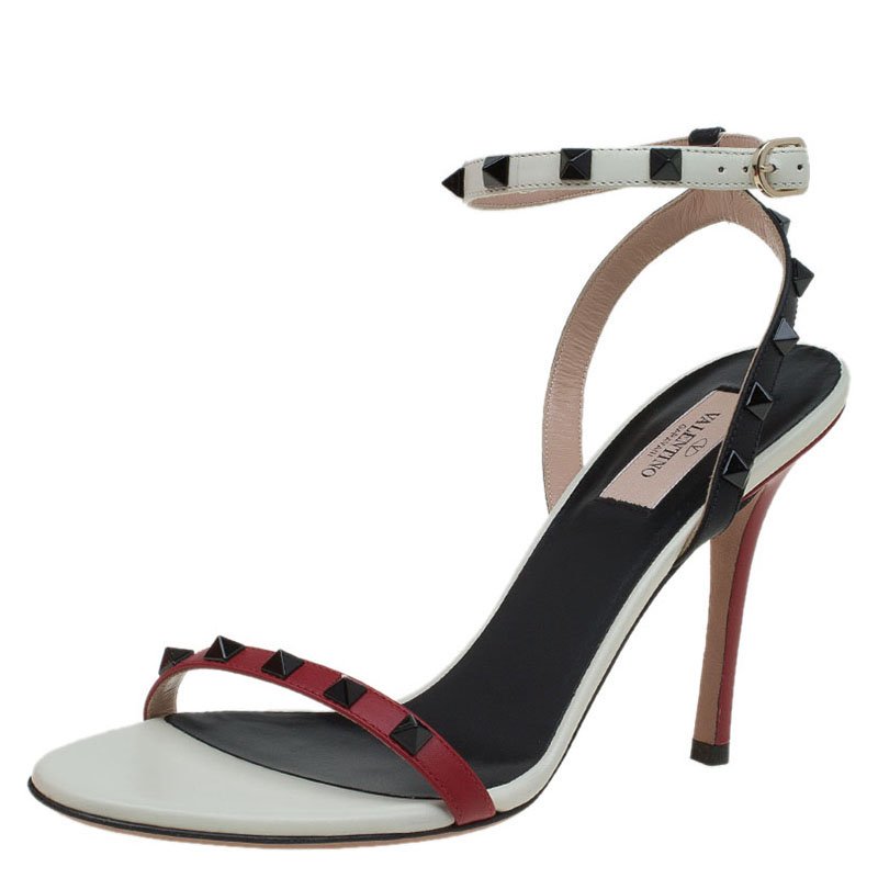 Pre Owned Valentino Tricolor Leather Rockstud Ankle Strap Sandals Size 40