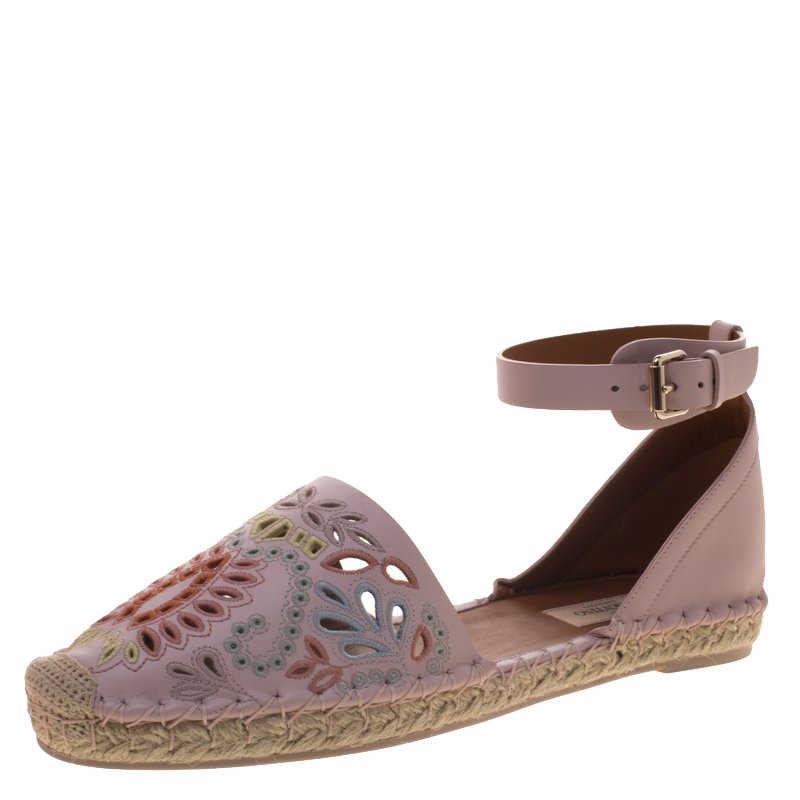 Pre Owned Valentino Light Pink Embroidered Leather A Jour Ankle Strap Espadrilles Size 40
