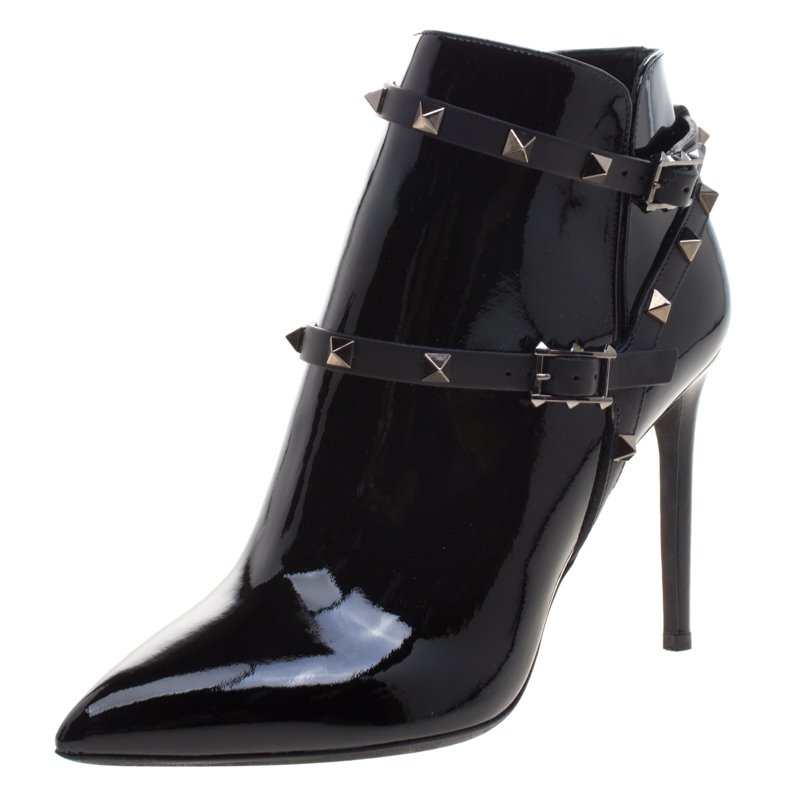 Valentino Black Patent Leather Rockstud Ankle Boots Size 39