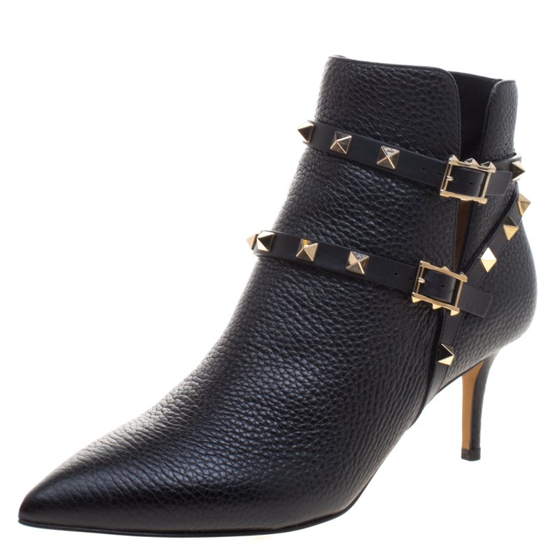 Pre Owned Valentino Black Leather Rockstud Pointed Toe Ankle Boots Size 38.5