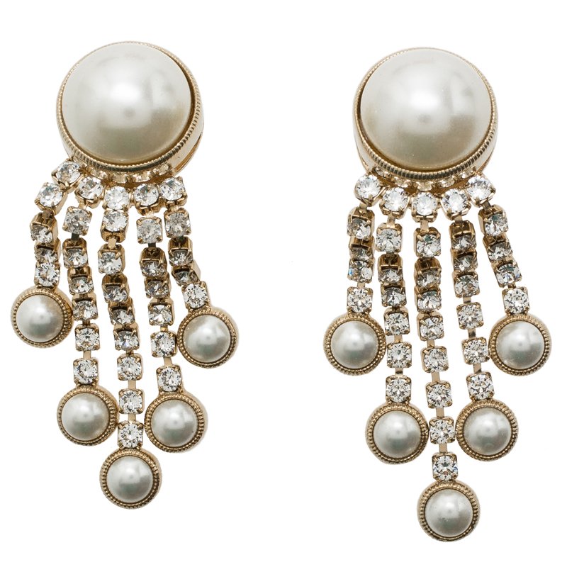 Pre Owned Valentino Faux Pearl and Crystals Gold Tone Earrings