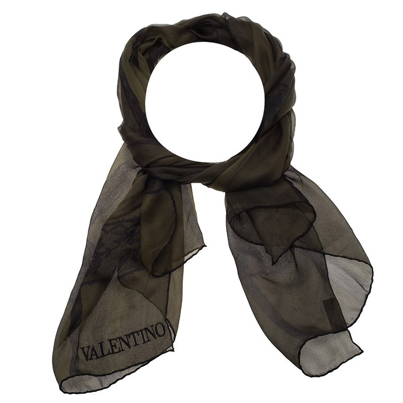 مملوكة مسبقًا Valentino Dark Green Black Printed Silk Scarf